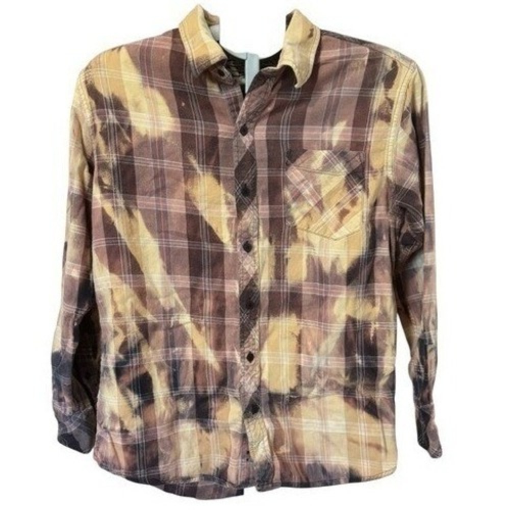 Bleached Flannel Shirt Tie Dye Rust Gray Upcycled Unisex‎ Medium/Large Grunge